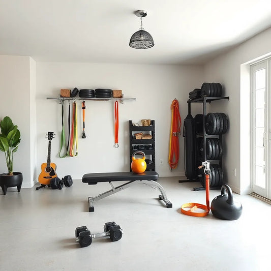 Minimal home garage gym with adjustable dumbbells, bench, and resistance bands arranged neatly