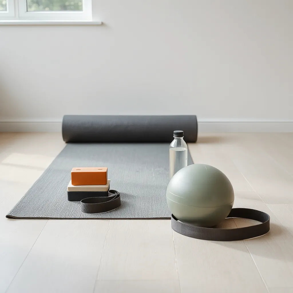 Minimal set of yoga and pilates accessories including a mat, blocks, strap, and ball on a neutral floor