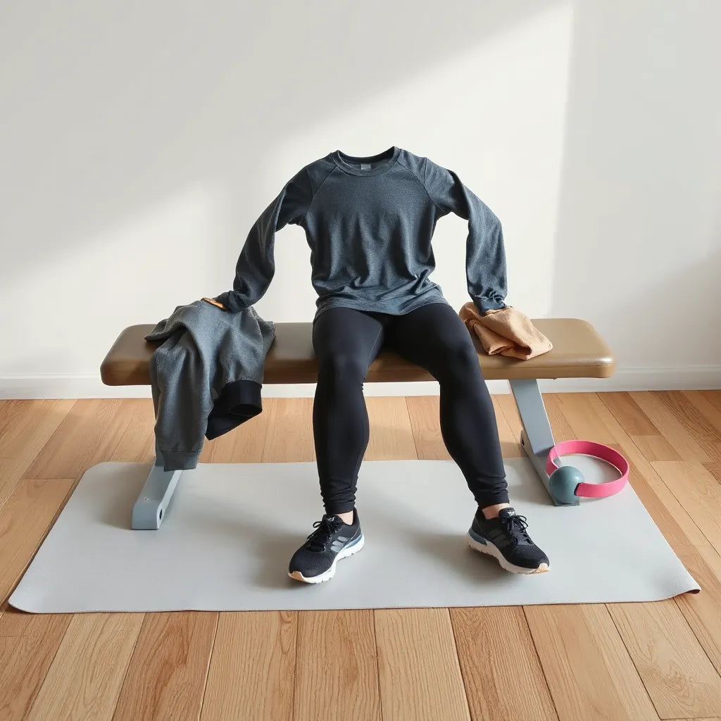 Breathable training outfit with shoes and resistance band arranged on a gym bench