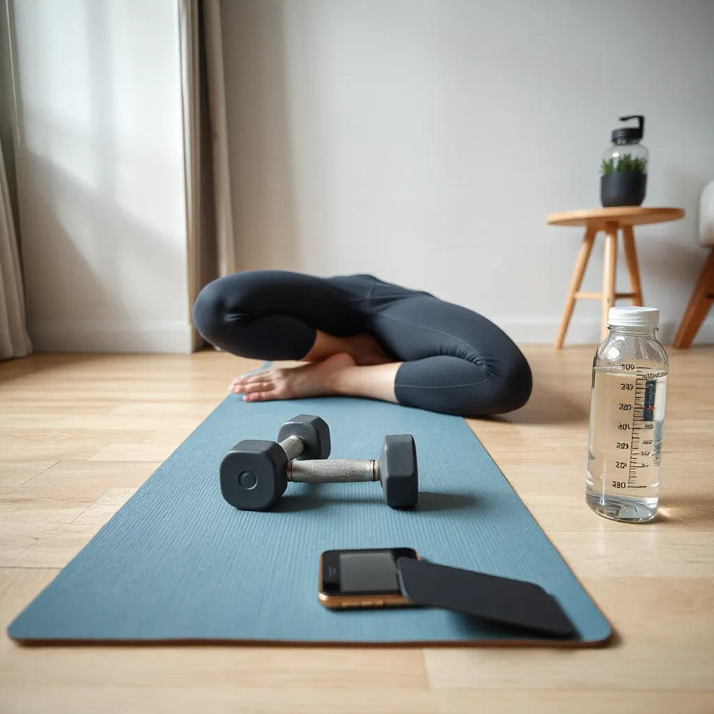 Person setting up a quick workout at home with a yoga mat, dumbbells, and a water bottle