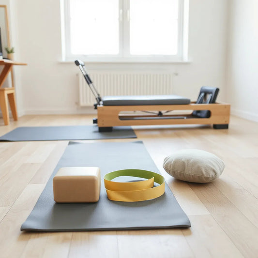 Yoga mat with blocks, resistance band, towel, and a pilates prop in a bright studio