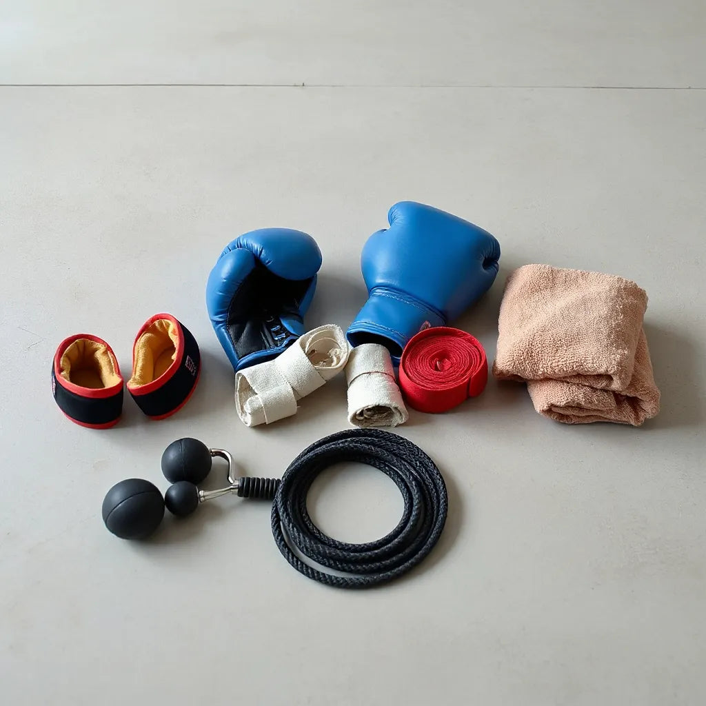 Boxing gloves, hand wraps, mouthguard, shin guards, and jump rope arranged for training