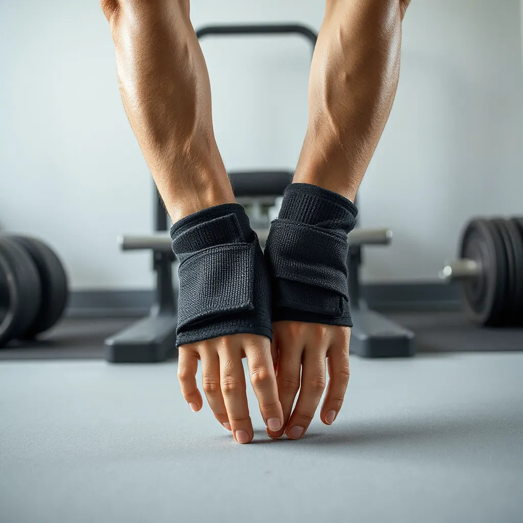 Wrist wraps secured on a trainer’s wrists during strength training with dumbbells in the blurred background