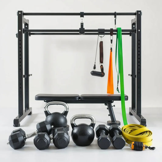 Adjustable dumbbells, resistance bands, and a weight bench arranged in a clean home gym.