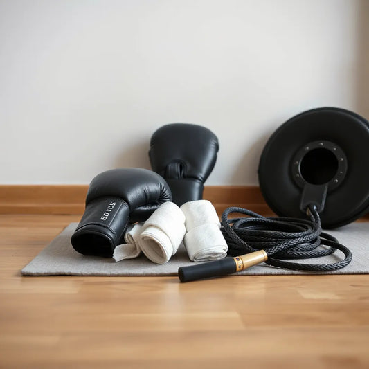 Boxing gloves, hand wraps, focus mitts, and a kick shield arranged in a clean training space