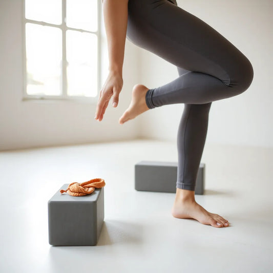 Two yoga blocks supporting a dancer’s balance pose with aligned hands and hips