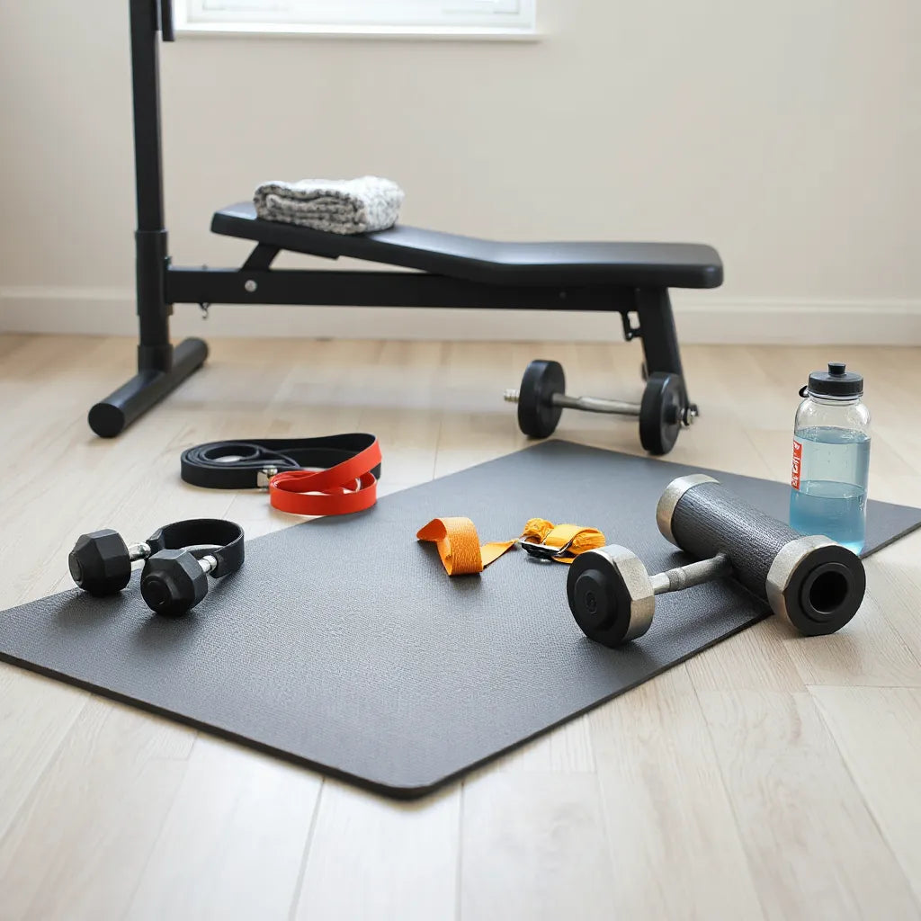 Resistance bands, foam roller, lifting straps, and dumbbells arranged in a minimal home gym setup