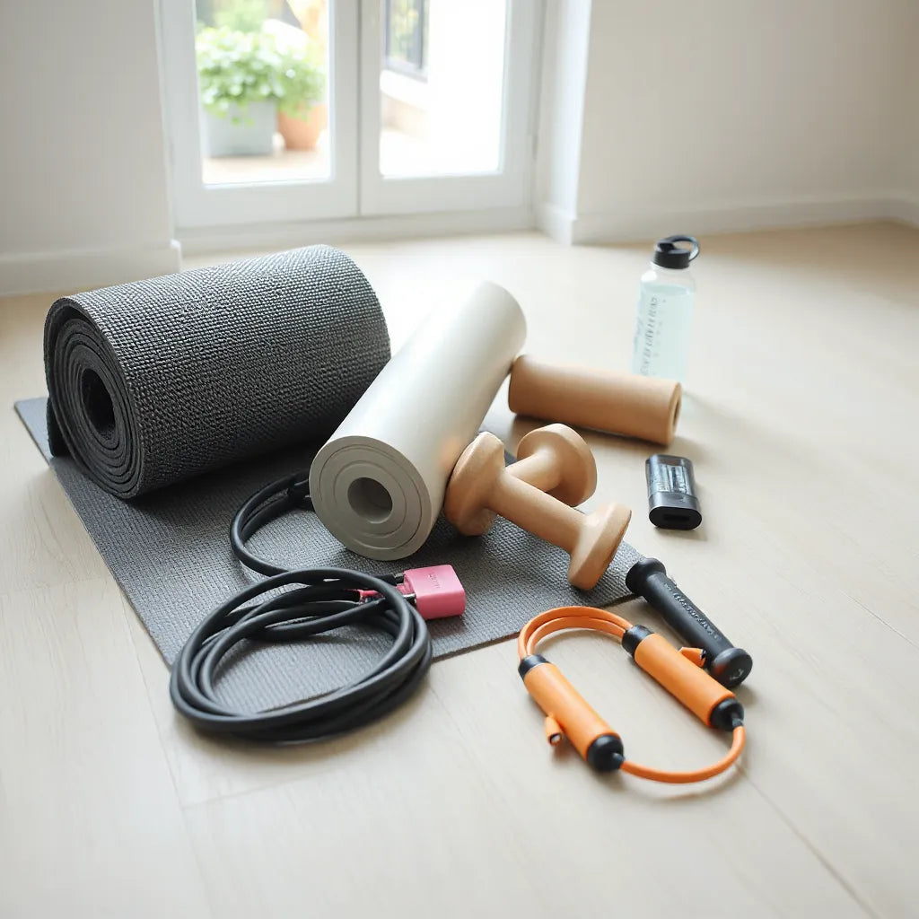 Workout accessories laid out neatly: resistance bands, mat, foam roller, dumbbells, and jump rope