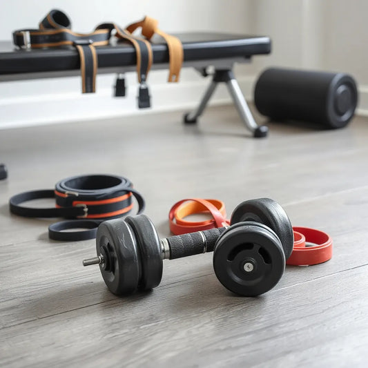 Dumbbells, resistance bands, lifting belt, and foam roller arranged for strength training accessories