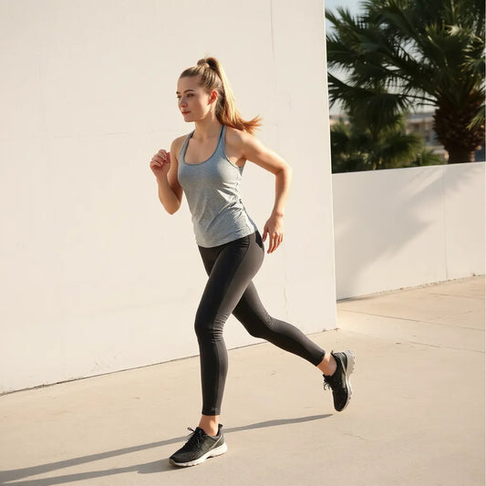 Lightweight athletic top and leggings on a person moving outdoors in natural daylight