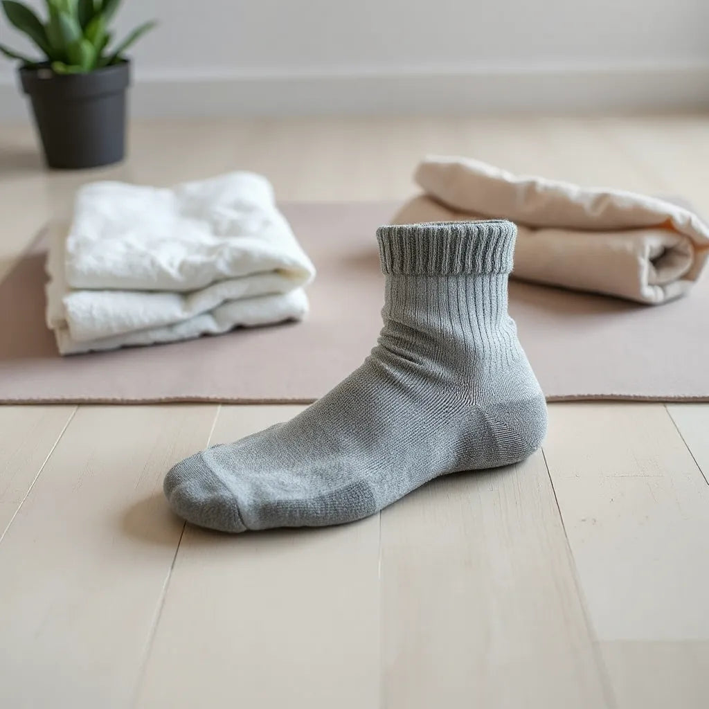 Comfortable yoga socks with grippy soles laid on a yoga mat in a bright, minimal studio setting