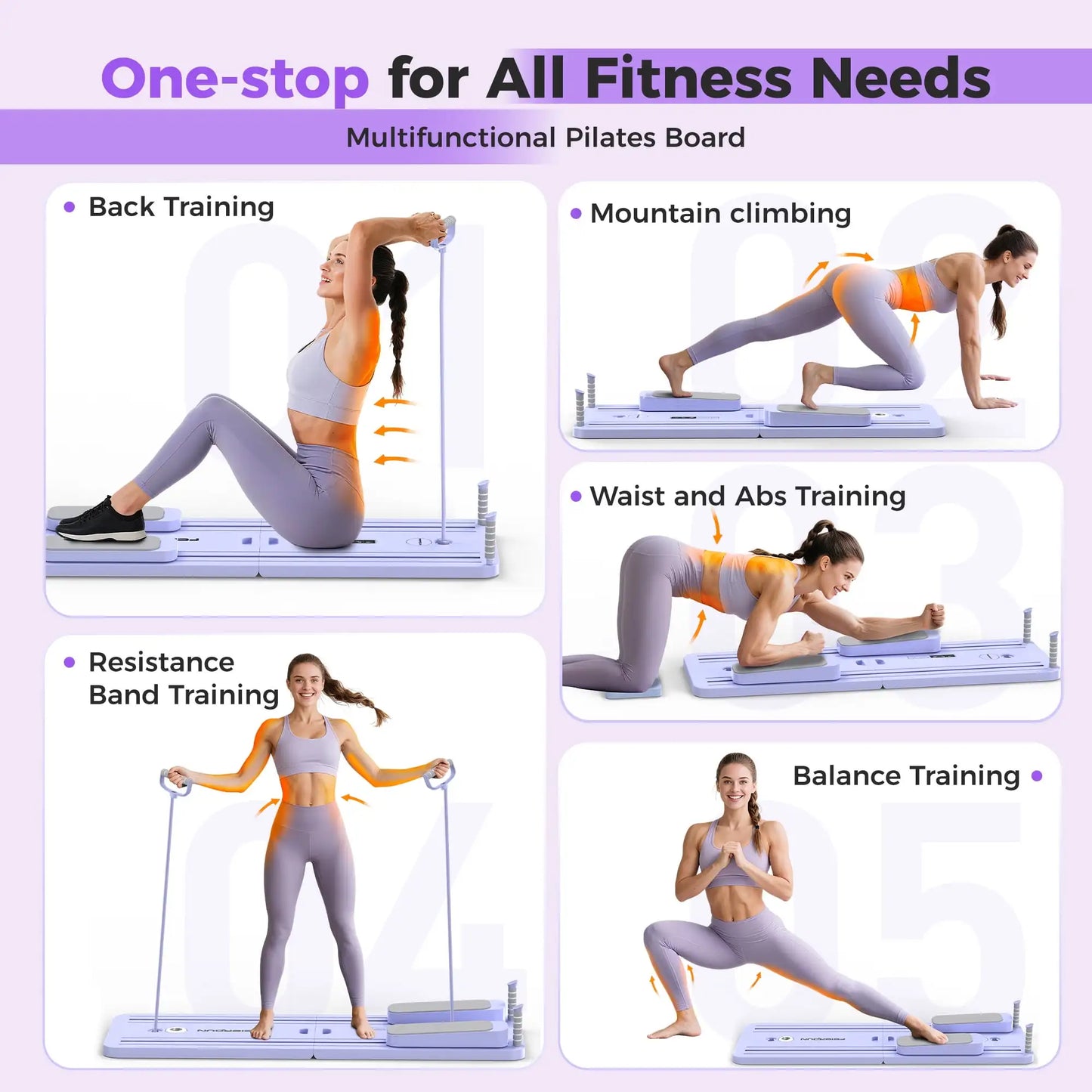 FED 5 in 1 Folding Pilates Board, Pilates Reformer Set with 300 LBS Weight Capacity, Portable Home Pilates for Woman (Purple)